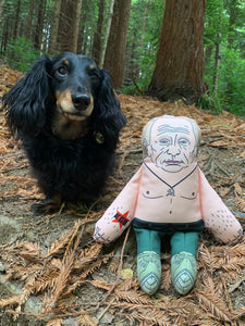 Vladimir Putin dog toy in forest with dog