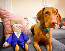 Load image into Gallery viewer, Joe Biden dog toy sat with dog