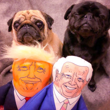 Load image into Gallery viewer, Joe biden and Donald Trump parody dog toys with two pug dogs 
