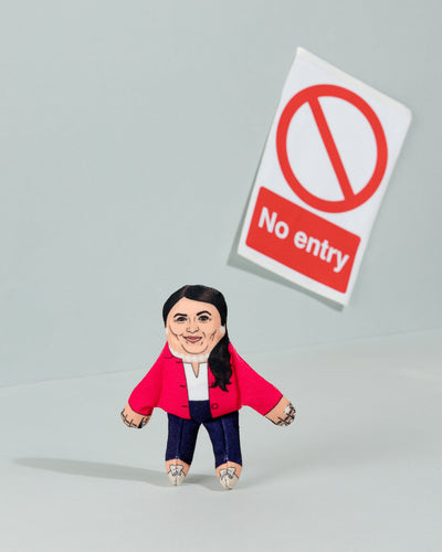 Priti Patel cat toy with no entry sign