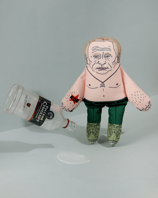 Vladimir Putin dog toy with bottle of vodka